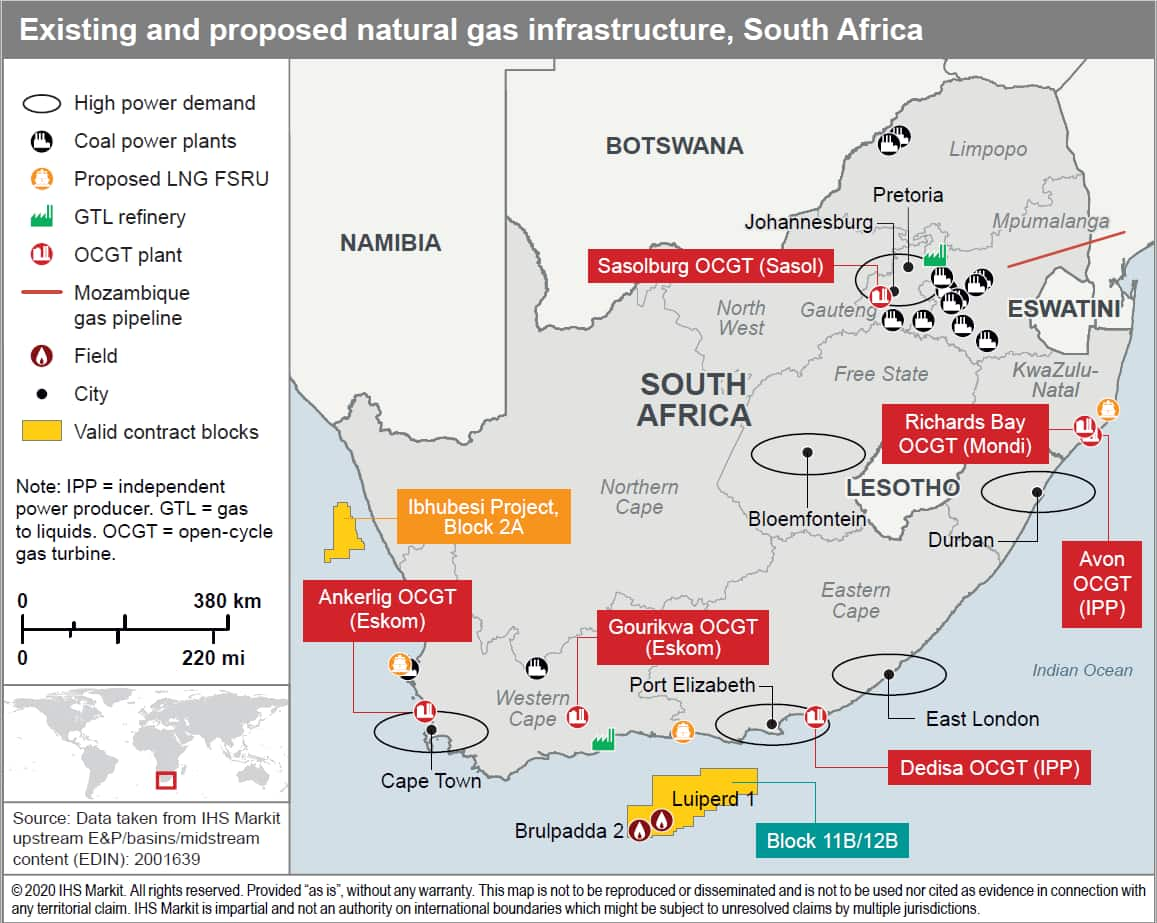 Existing and proposed natural gas infrastructure, South Africa