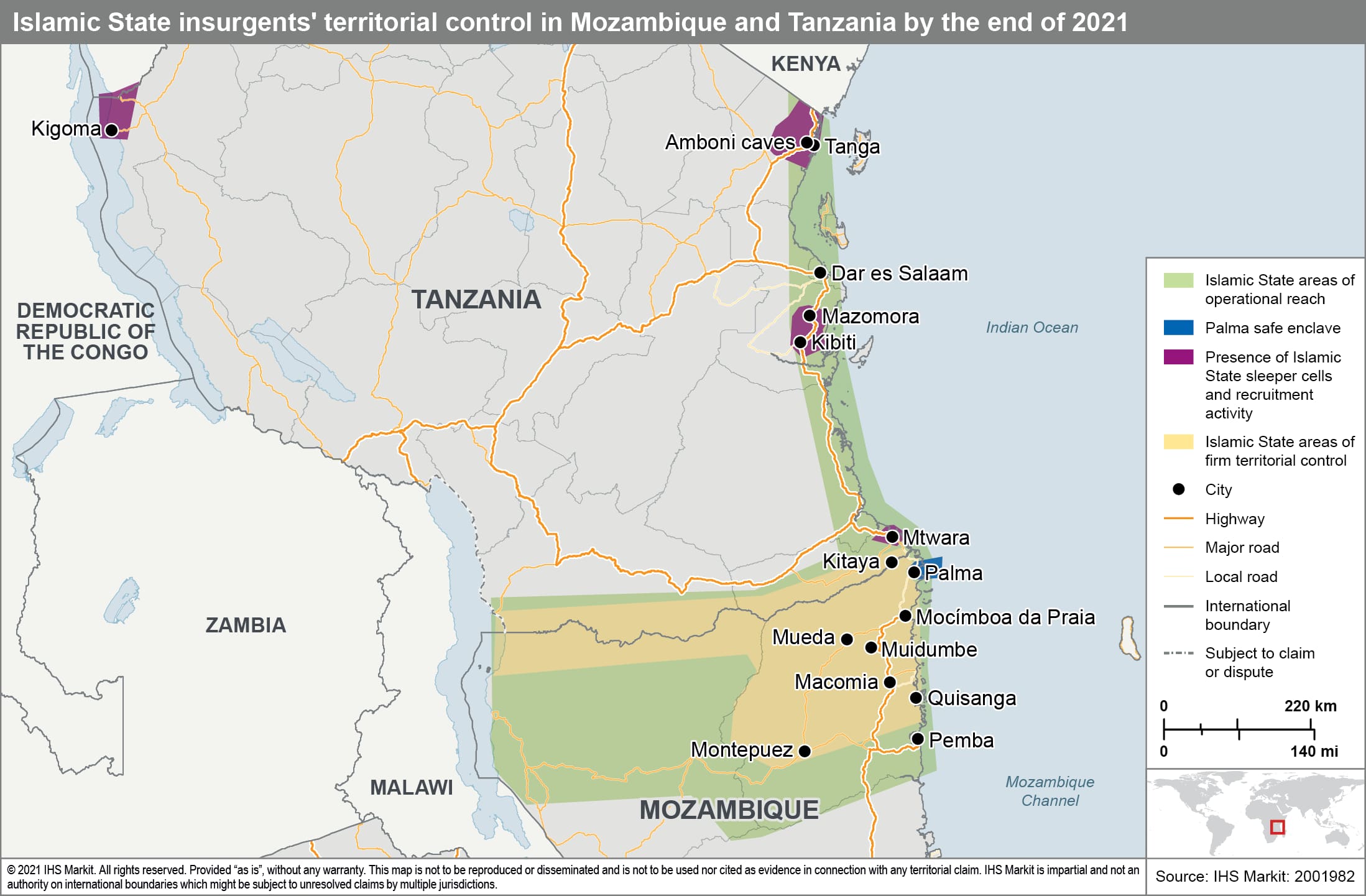 Islamic State insurgents territorial control in Mozambique and Tanzania by the end of 2021