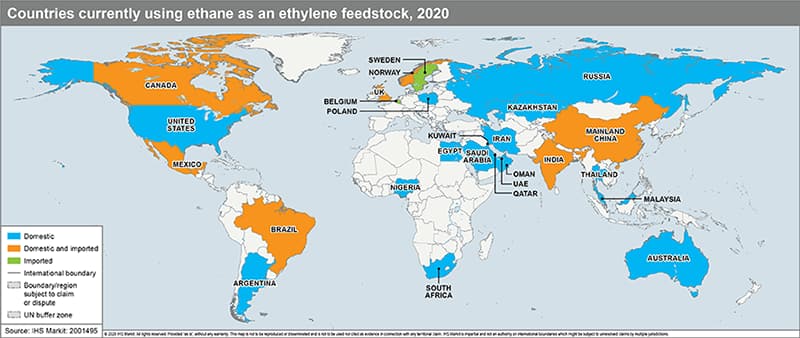 Countries currently using ethane as an ethylene feedstock, 2020