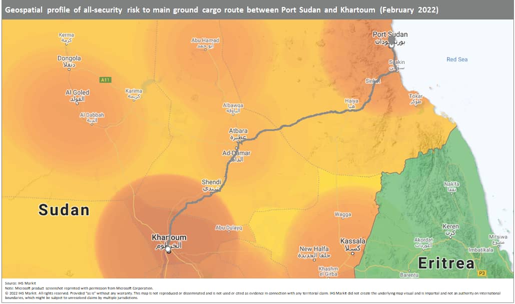 Geospatial profile of all security risks along main route to Port Sudan