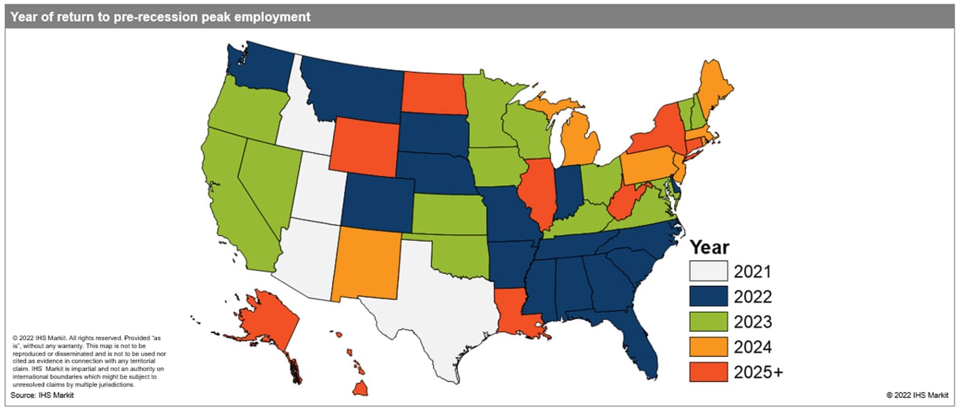 Map of the US year of return to pre-recession peak employment