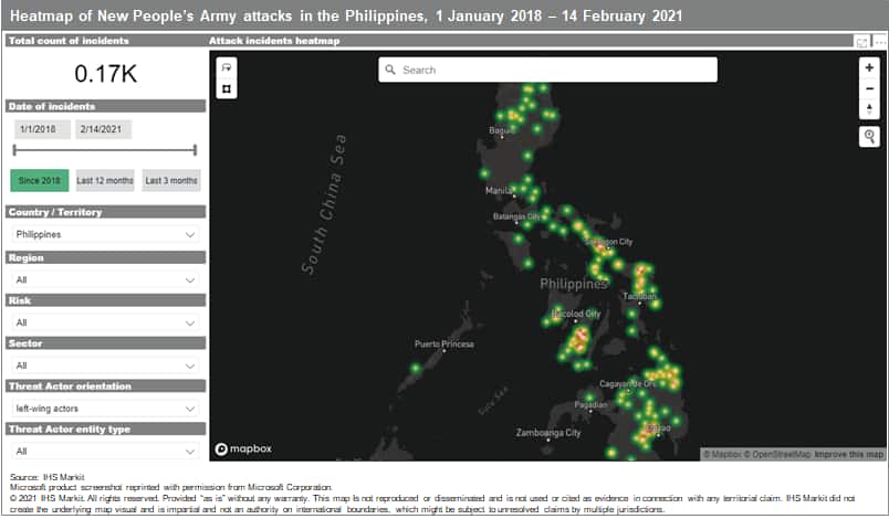 Heatmap of New peoples army attacks in the philippines