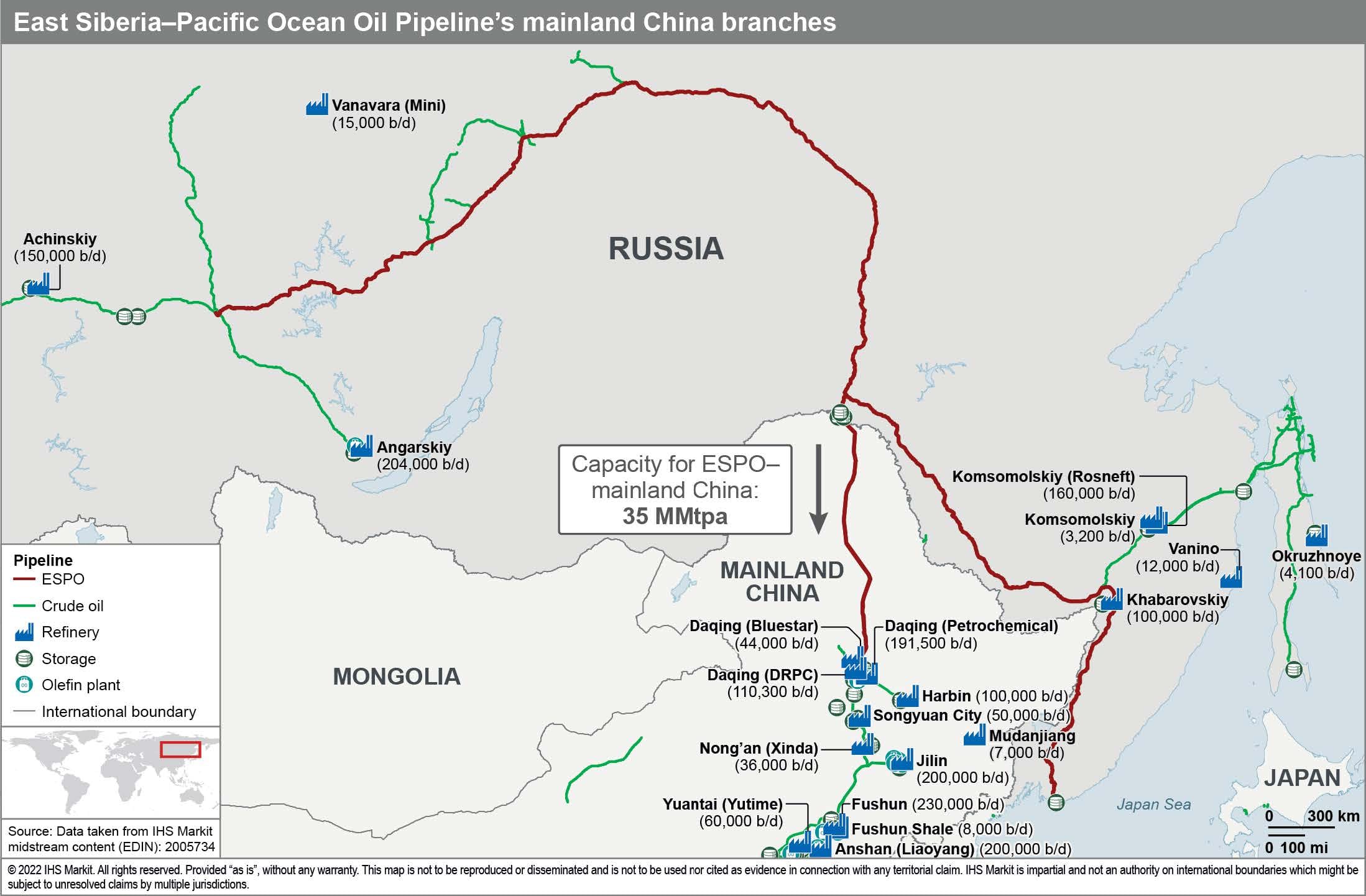 Russia crude oil pipeline capabilities to mainland China—The ESPO crude 