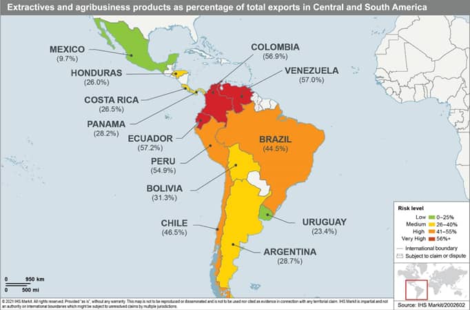 extractive and agibusiness products as percentage of total exports in central and south america 2021