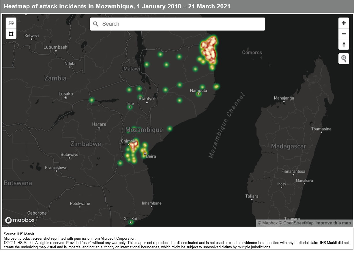 Heatmap attack incidents Mozambique March 2018 March 2021
