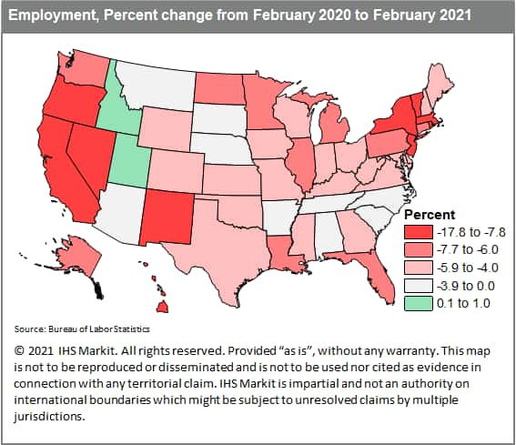 Employment, Percent change from Feb 2020 - 2021