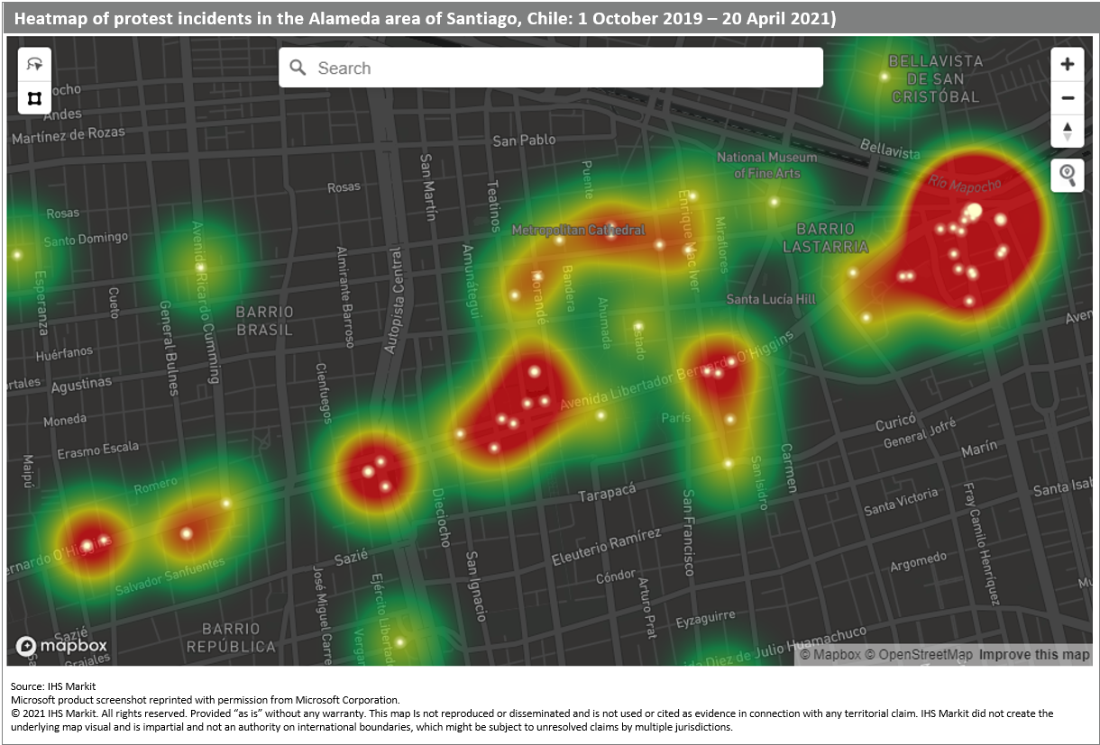 Heatmap of protest incidents in Alameda area in Santiago Chile October 2019 to April 2021