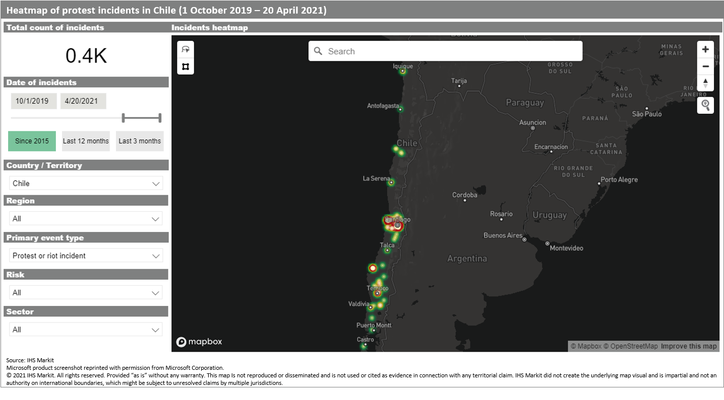 heatmap of protests in Chile October 2019 through April 2021