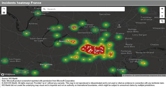 Current incident data in france plotted to a heatmap protest and riot data 2021