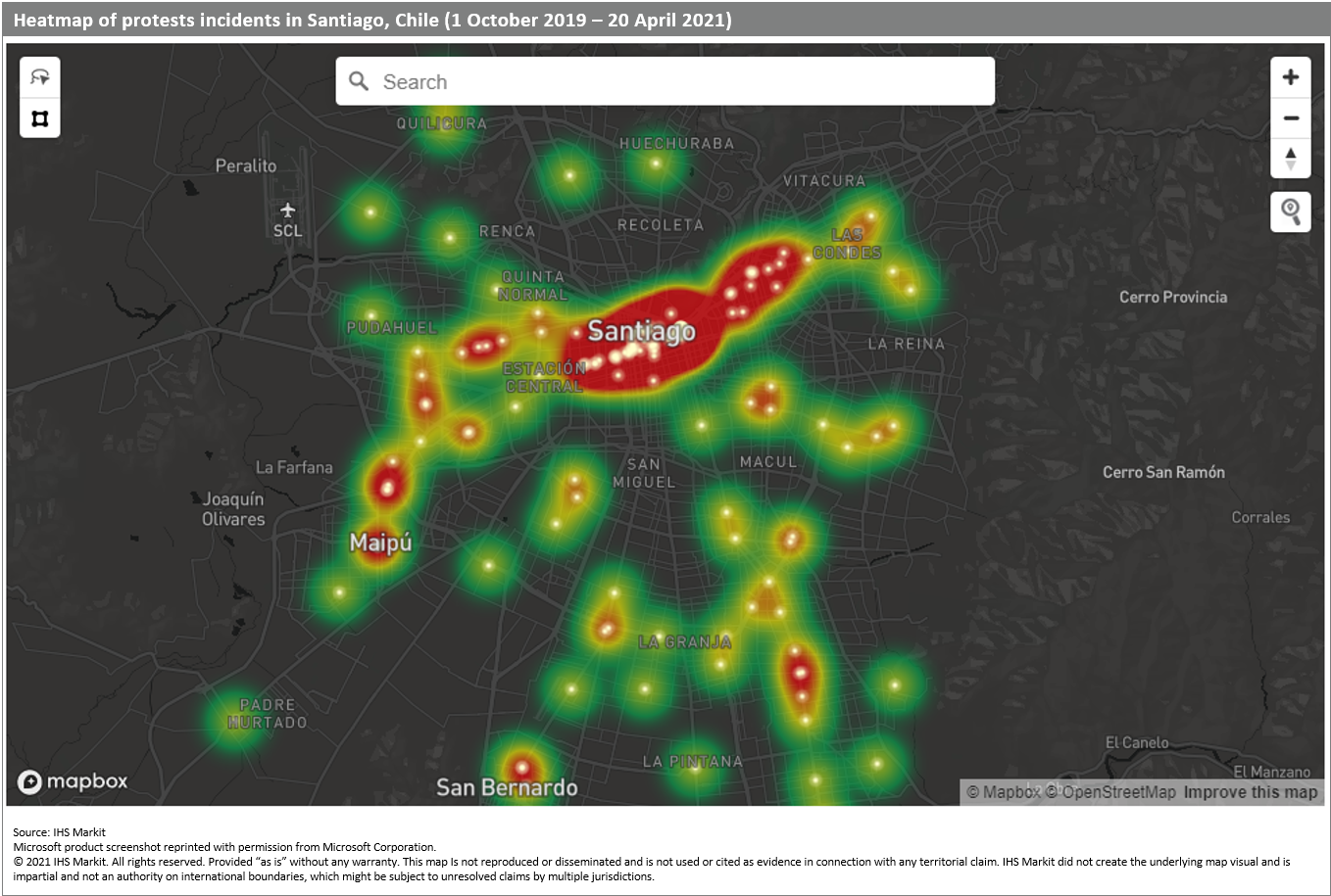 Heatmap of protests incidents in Santiago Chile October 2019 to April 2021