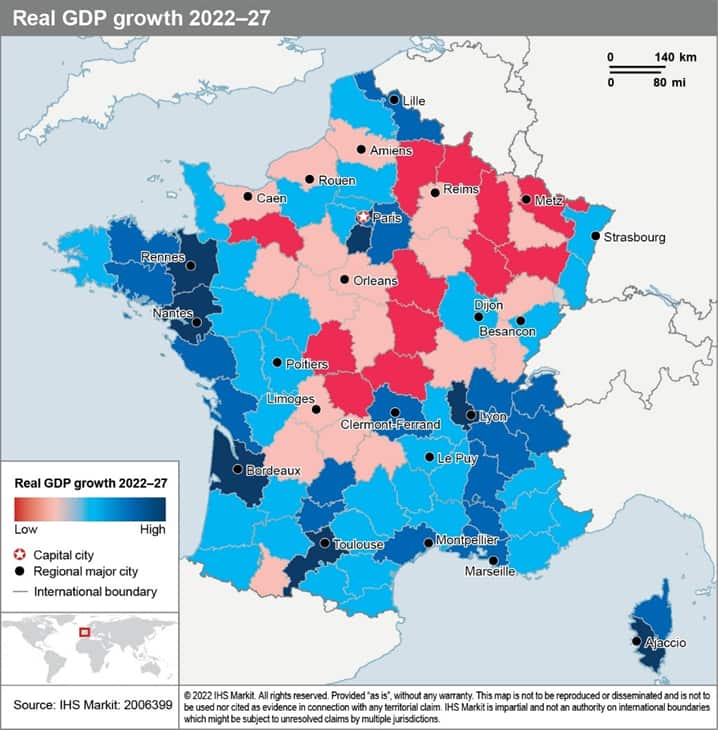 France's real GDP growth in the next five years by region