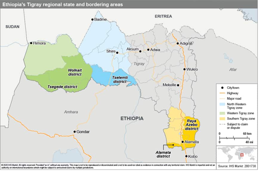 Ethiopia map Tigray regional state and bordering areas december 2020
