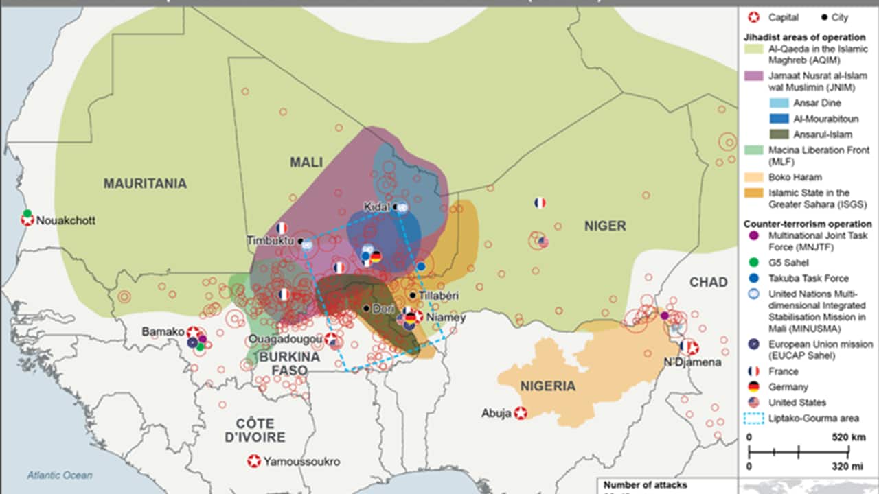 counter terrorism operations in the Sahel and number of attacks from 2017-2020