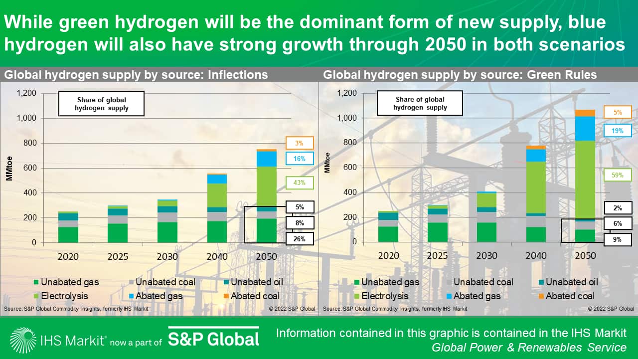 While green hydrogen will be the dominant form of new supply, blue hydrogen will also have strong growth through 2050 in both scenarios